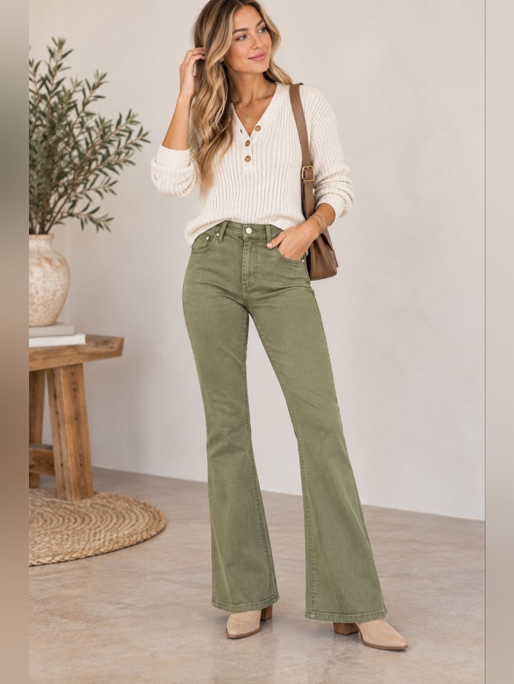 MICHAEL KORS Selma Flare Jeans Olive Green Retro Stretch HR Modern Neutral 6 NEW